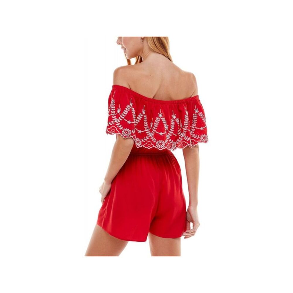 KINGSTON GREY Womens Romper Red Stretch Eyelet Tie Off Shoulder Juniors XXS - Picture 2 of 2